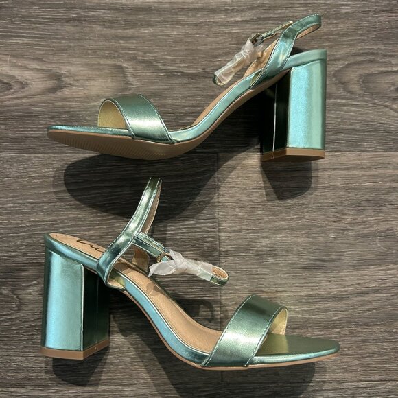NEW Lulus 7.5 Arya Green Metallic High Heel Sandals Chunky Block Strappy Heels - Picture 5 of 9